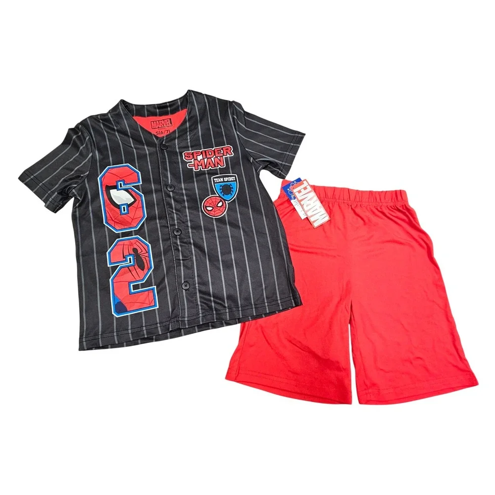 Marvel Spider-Man Pajama Set Boys S(6/7) Red Black Pinstripe Baseball Jersey PJ